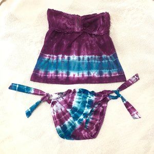 Lucky brand swim strapless Tankini bandeau top tie dye blue purple M